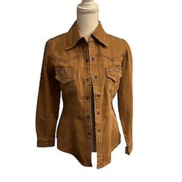 Denium Shirt Jacket Embellished Tan Kaiki 2X New with Tags - Picture 7 of 10